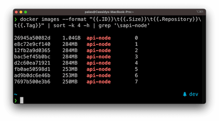 Screenshot of docker image ls command showing image sizes