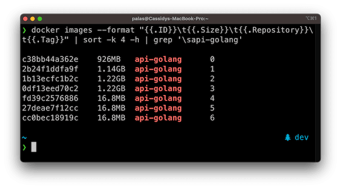 Screenshot of docker image ls command showing image sizes