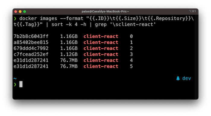 Screenshot of docker image ls command showing image sizes