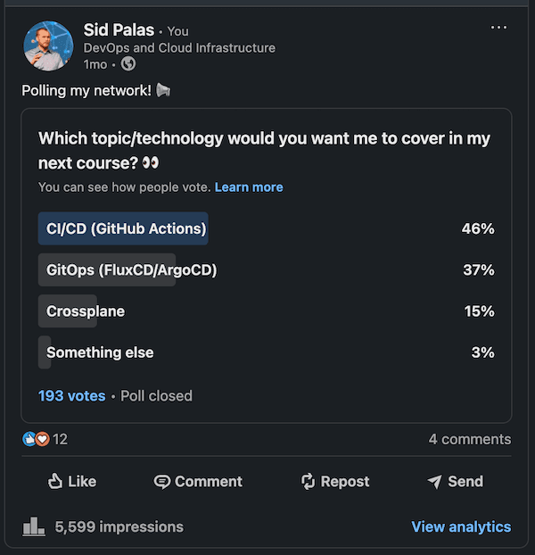 Poll showing demand for a GitHub Actions course