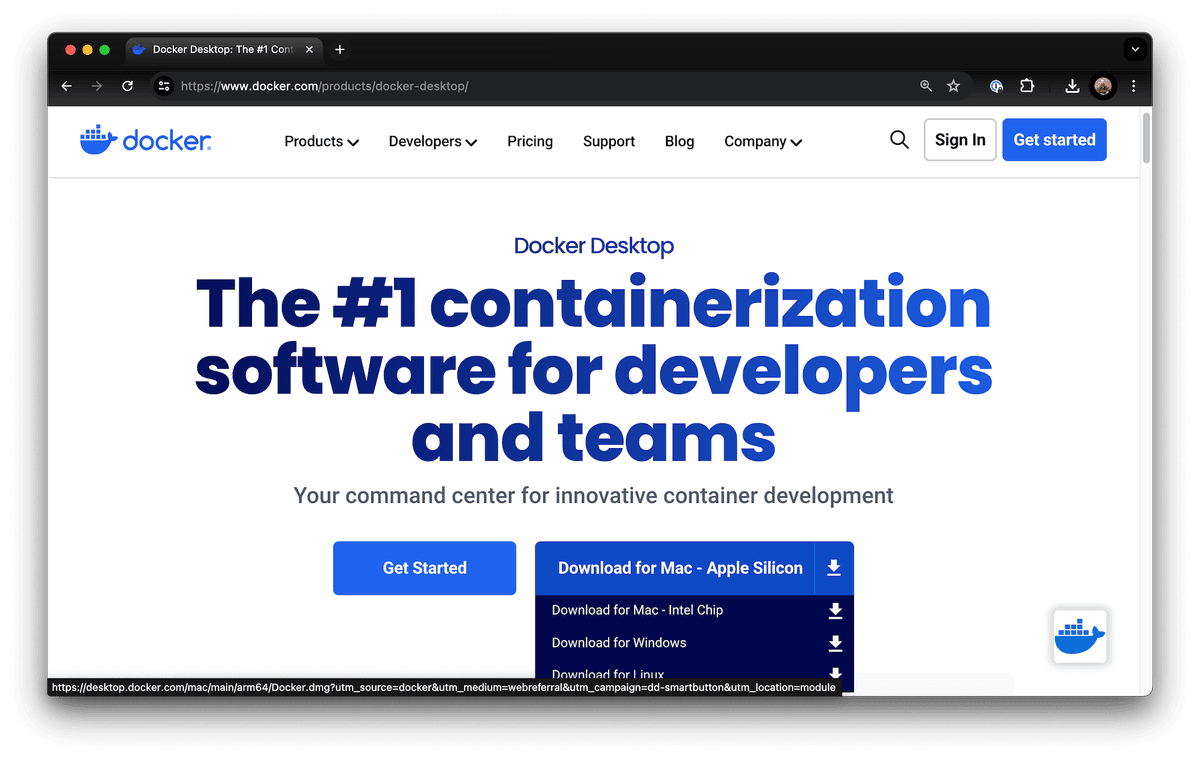 Screenshot of docker desktop install page