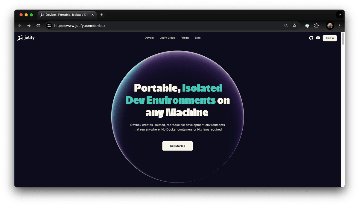 Screenshot of devbox homepage