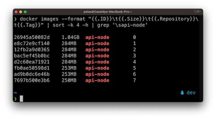 Screenshot of docker image ls command showing image sizes
