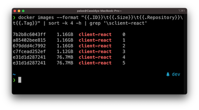 Screenshot of docker image ls command showing image sizes